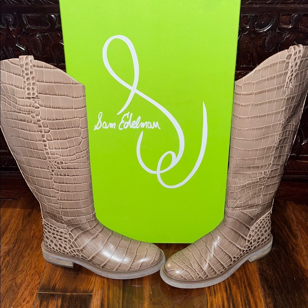 Sam Edelman Beige Croc-Embossed Boots